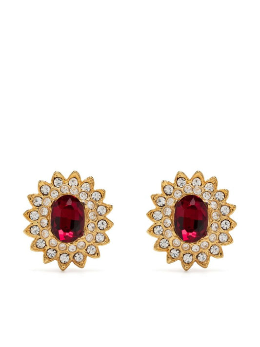 Gold-plated Ruby Crystal Flower Clip Earrings