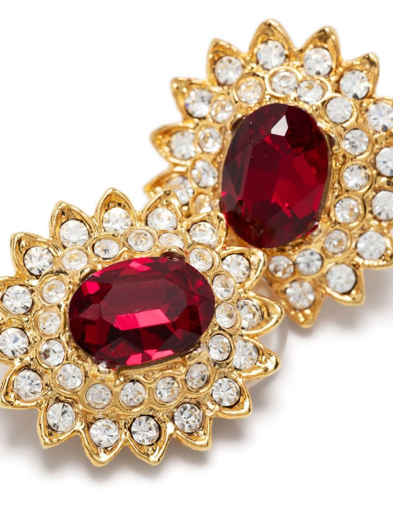 Gold-plated Ruby Crystal Flower Clip Earrings