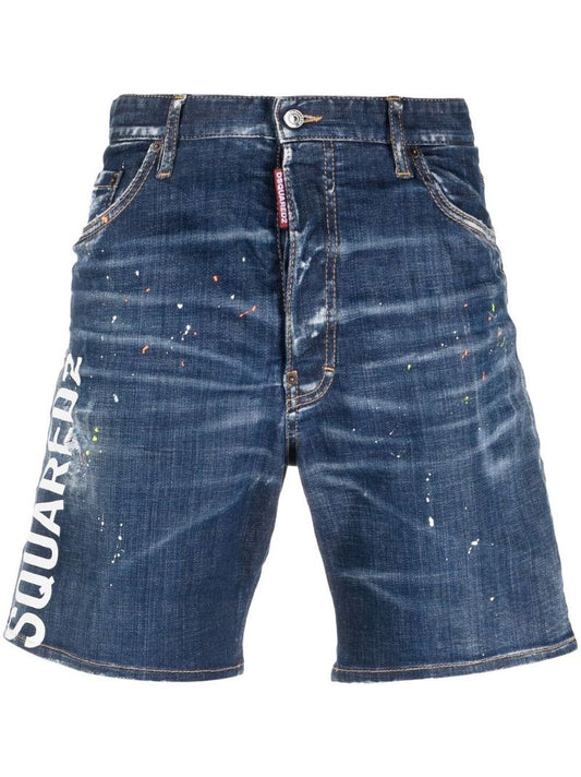 Blue Logo-print Distressed Shorts