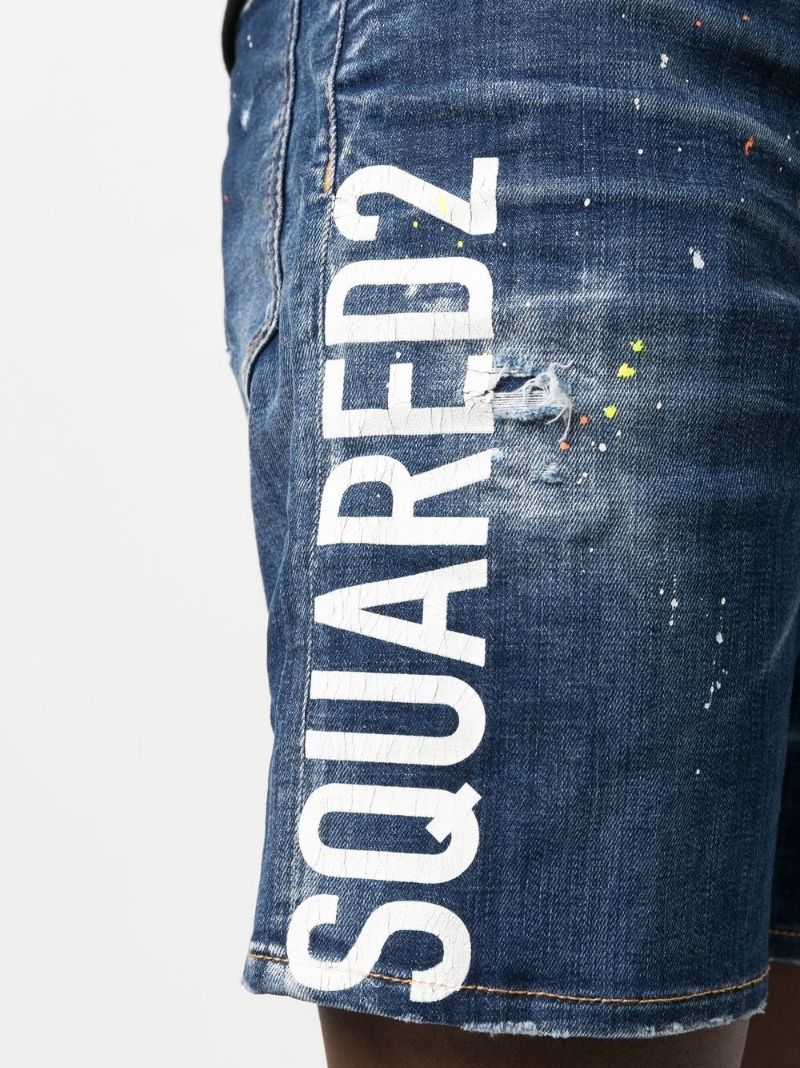 Blue Logo-print Distressed Shorts