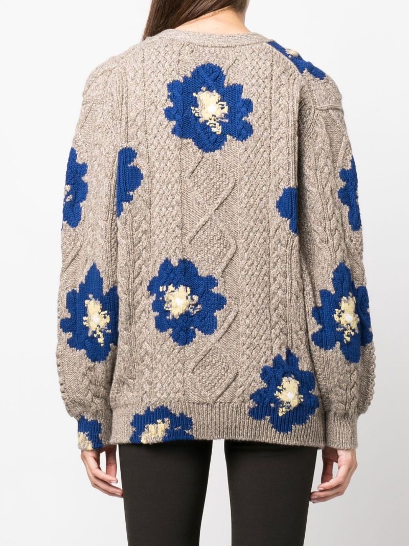 Grey Floral Cable Knit Cashmere Cardigan