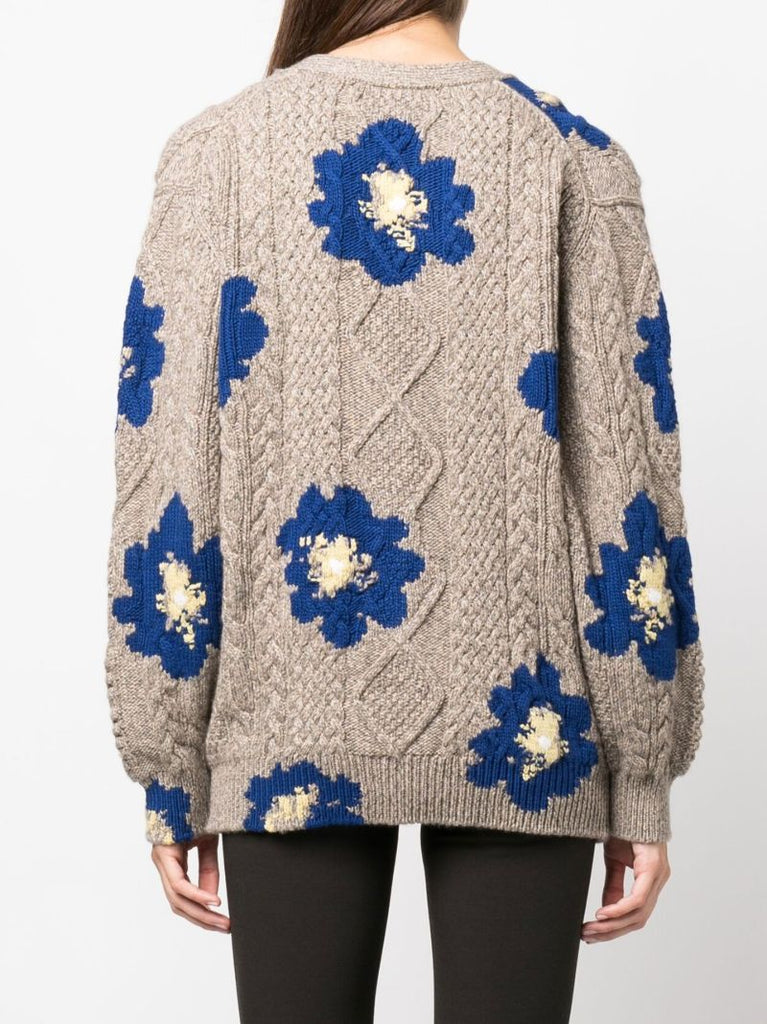 Grey Floral Cable Knit Cashmere Cardigan