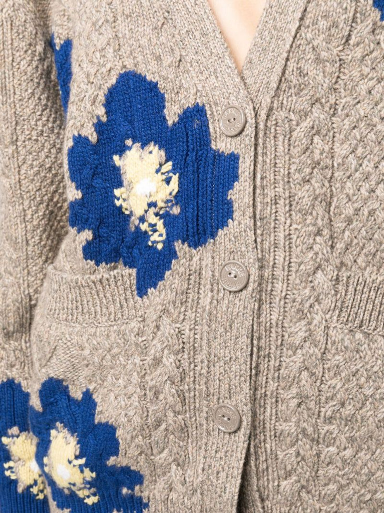 Grey Floral Cable Knit Cashmere Cardigan