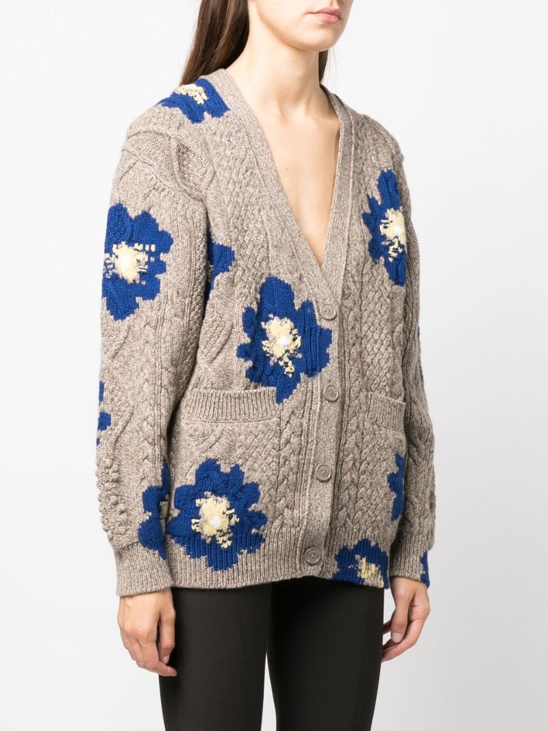 Grey Floral Cable Knit Cashmere Cardigan