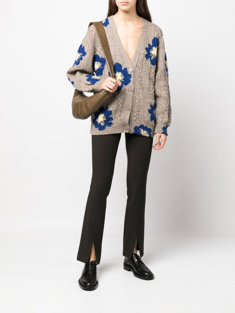 Grey Floral Cable Knit Cashmere Cardigan