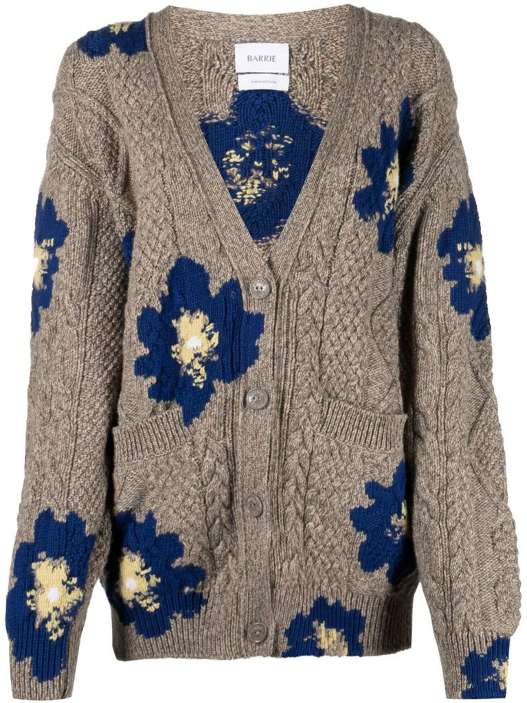 Grey Floral Cable Knit Cashmere Cardigan