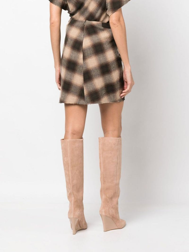 Brown Check Print Ruched Mini Skirt