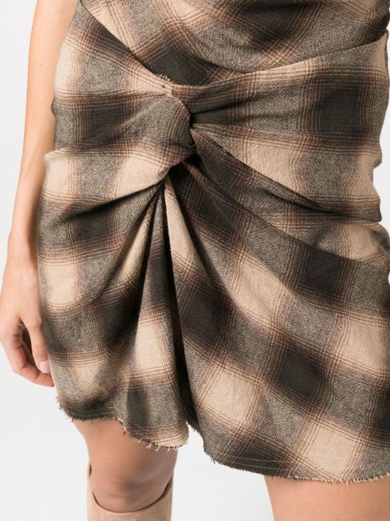Brown Check Print Ruched Mini Skirt