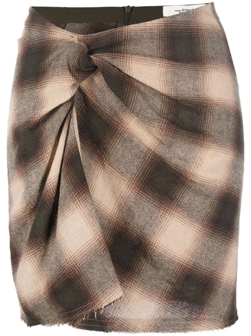 Brown Check Print Ruched Mini Skirt