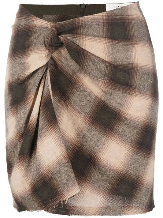Brown Check Print Ruched Mini Skirt