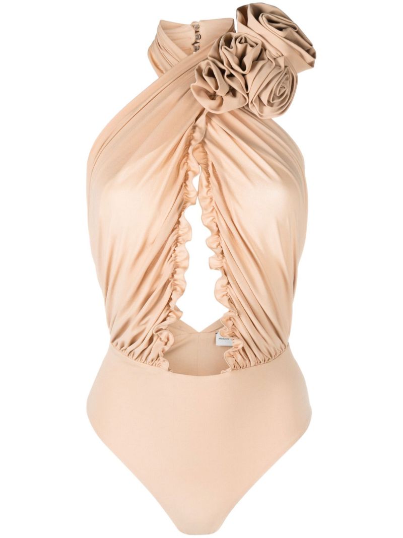 Beige Halterneck Ruffled Bodysuit