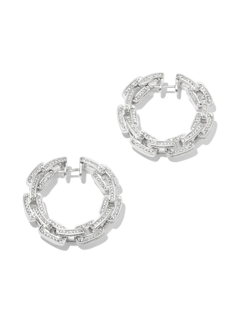 18k White Gold Diamond Deco Link Hoop Earrings