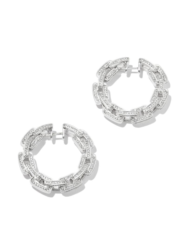 18k White Gold Diamond Deco Link Hoop Earrings