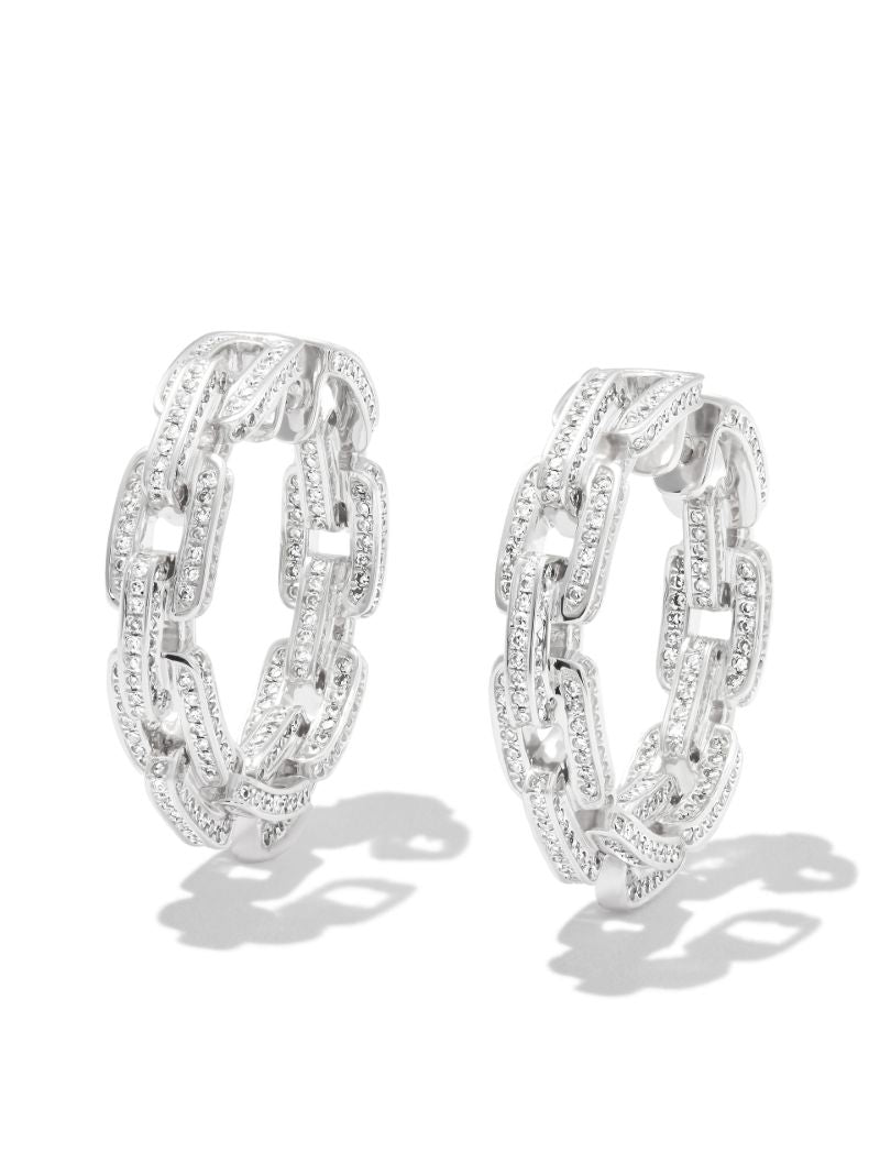18k White Gold Diamond Deco Link Hoop Earrings