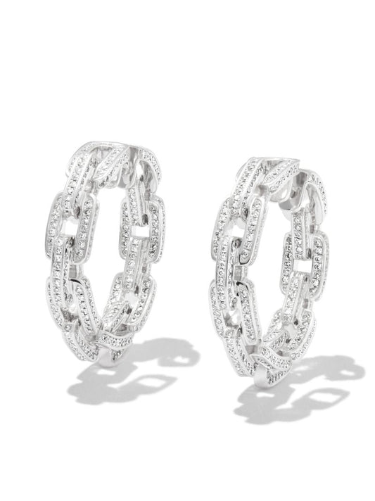 18k White Gold Diamond Deco Link Hoop Earrings