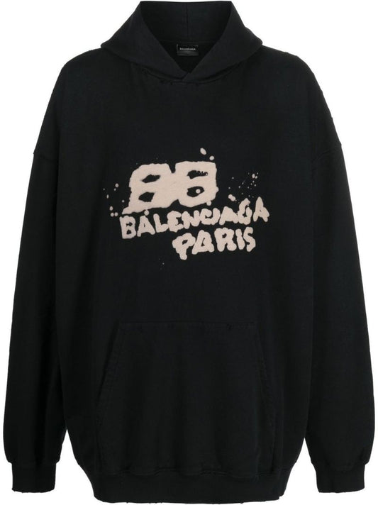 Black Logo Print Cotton Hoodie