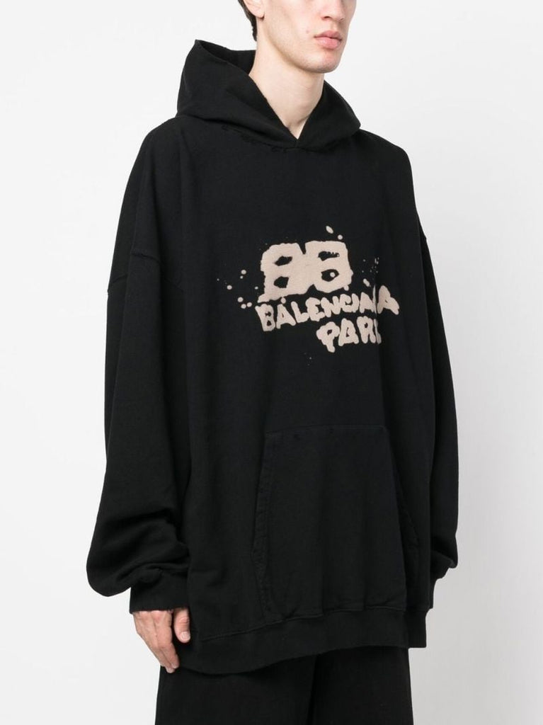 Black Logo Print Cotton Hoodie