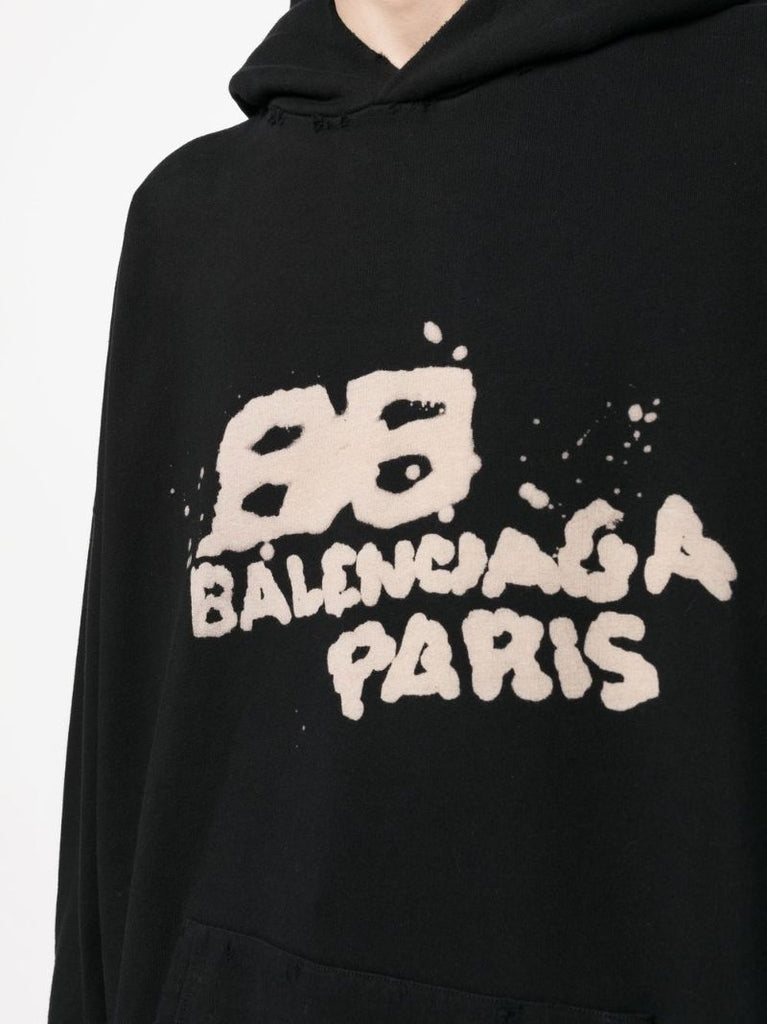 Black Logo Print Cotton Hoodie