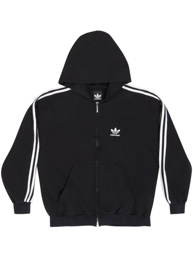 X Adidas Black Logo Embroidery Three-stripe Zip-up Hoodie