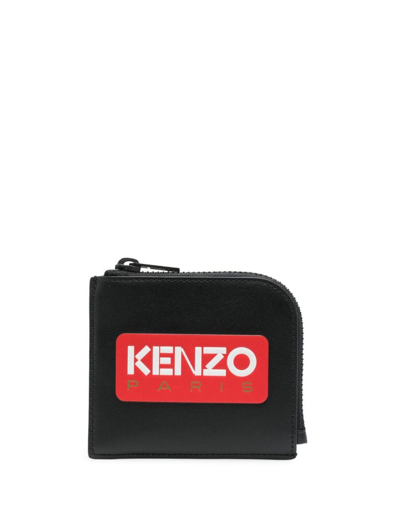 Black Logo Print Zip Around Wallet