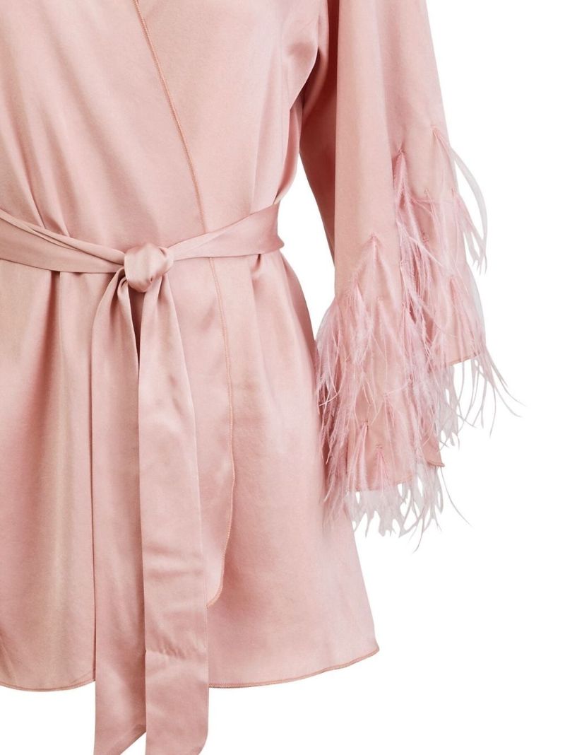 Pink Feather-trimmed Silk Robe