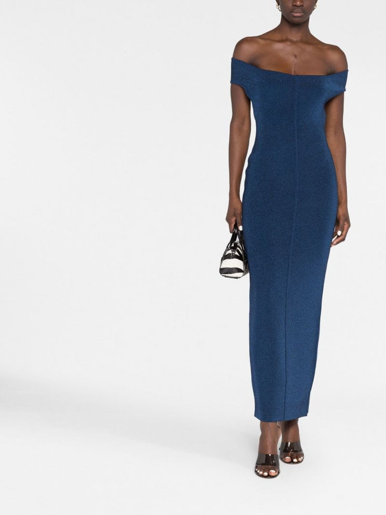 Blue Off-shoulder Open Back Midi Dress