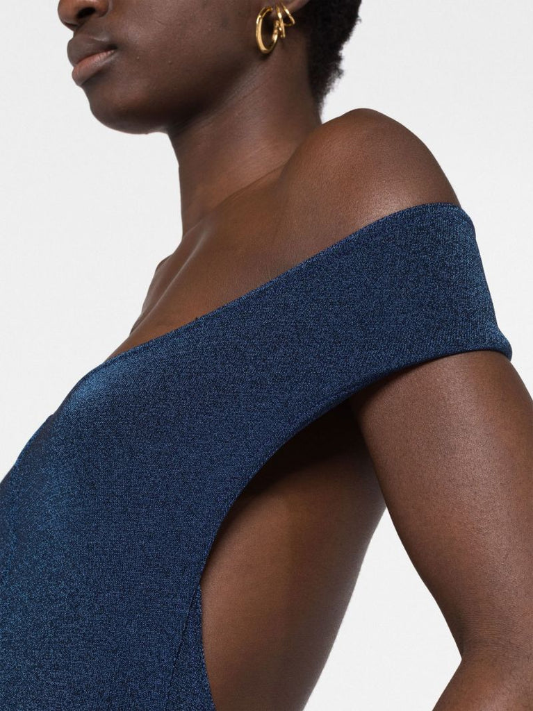 Blue Off-shoulder Open Back Midi Dress