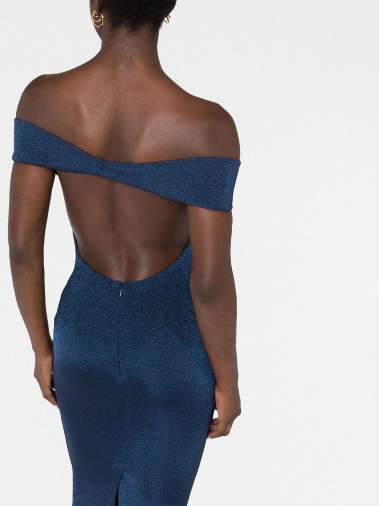 Blue Off-shoulder Open Back Midi Dress