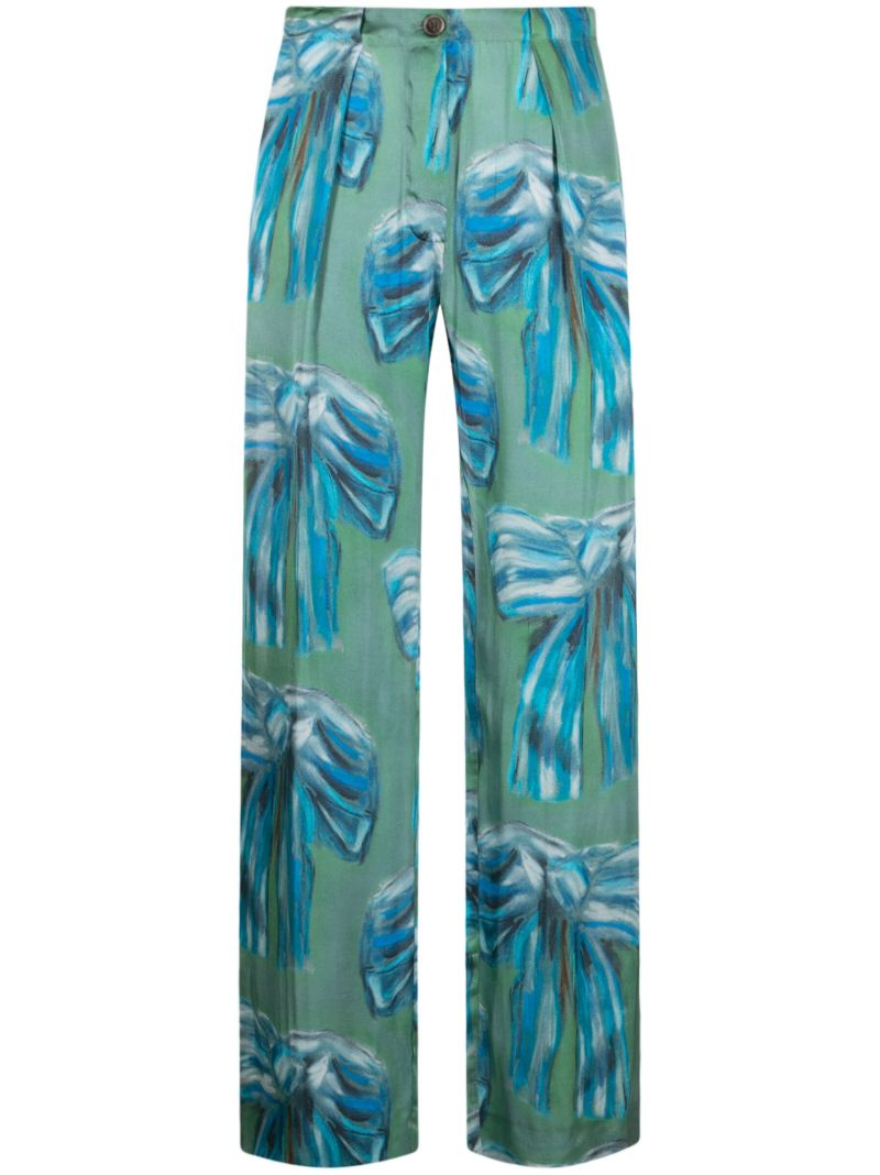 Green Bow Print Pleated Trousers
