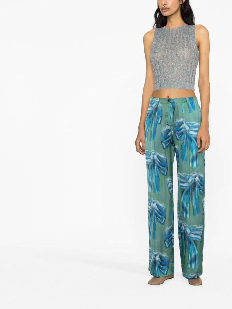 Green Bow Print Pleated Trousers