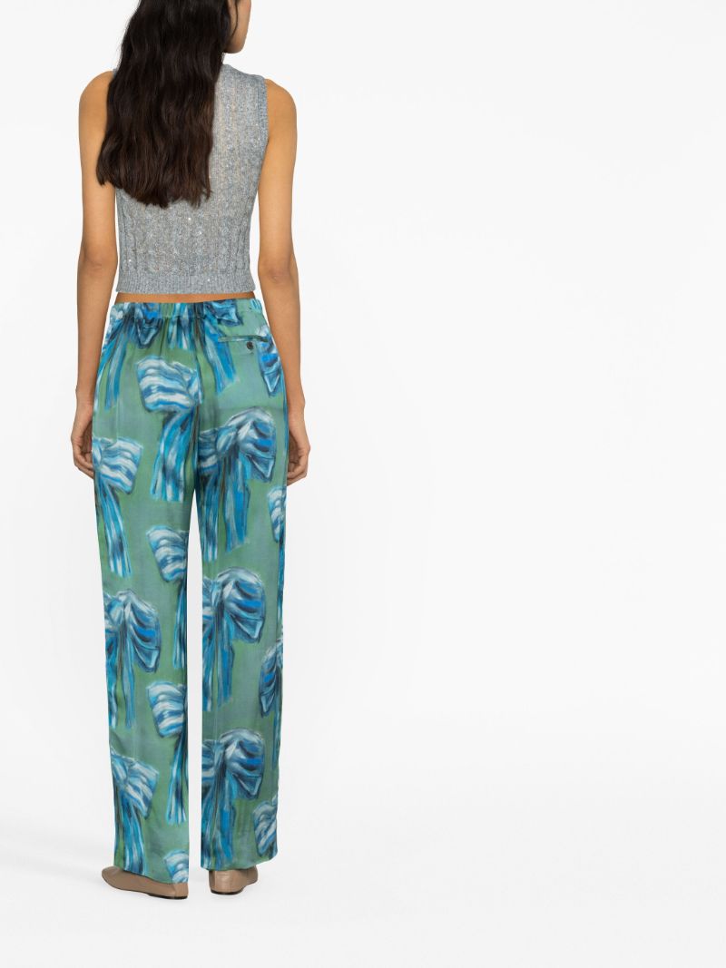 Green Bow Print Pleated Trousers