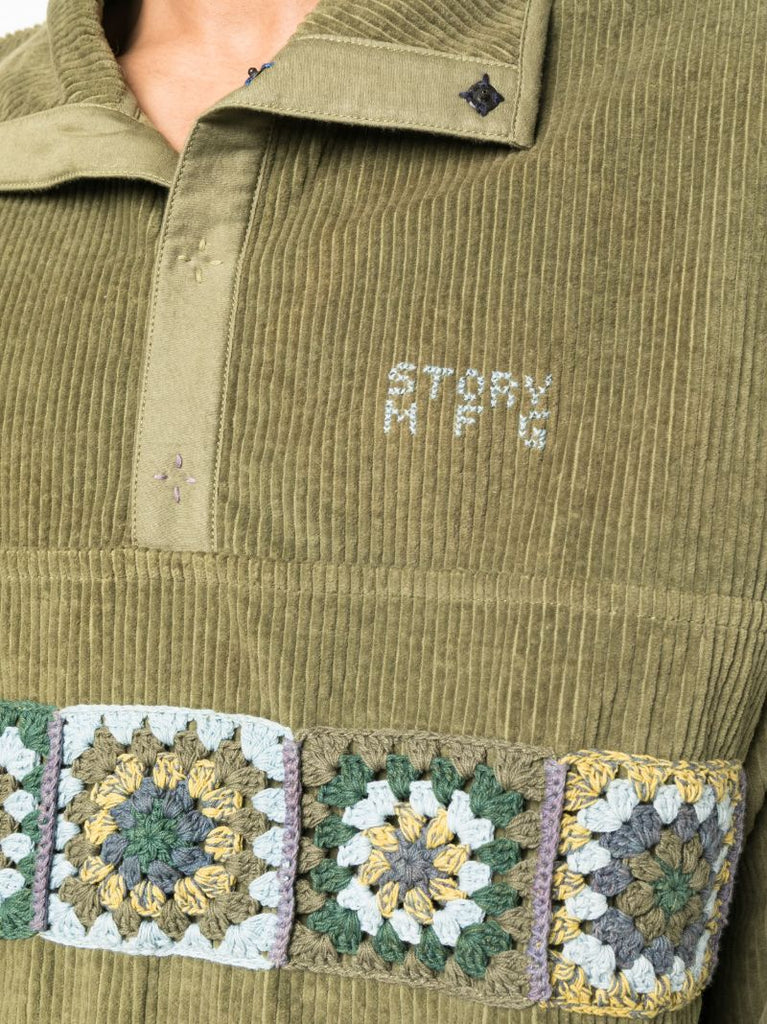 Green Polite Crochet-panel Corduroy Pullover