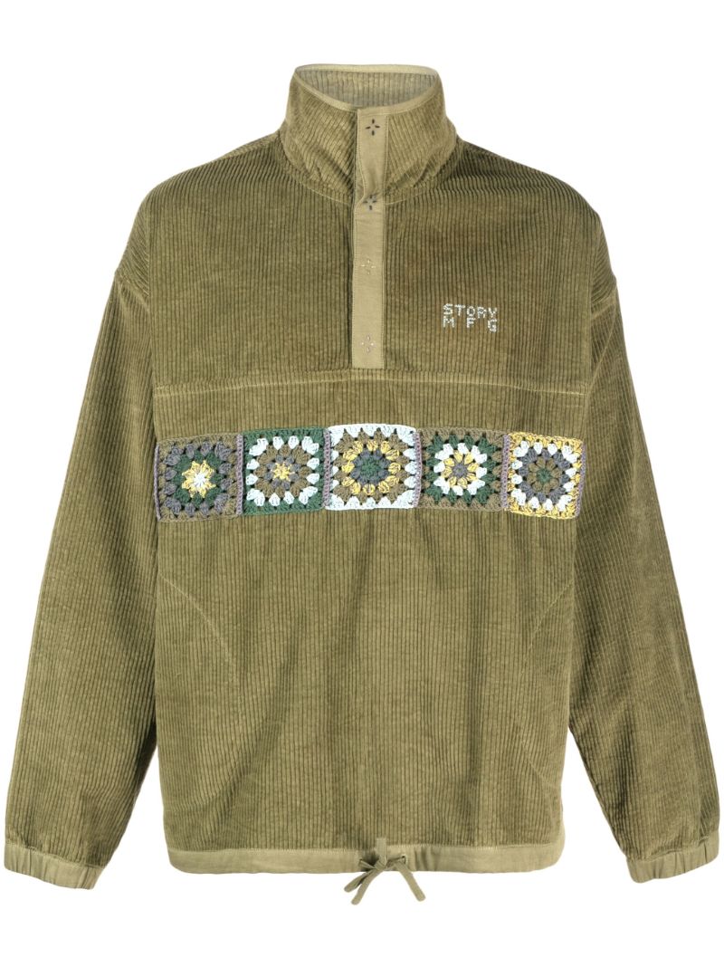 Green Polite Crochet-panel Corduroy Pullover