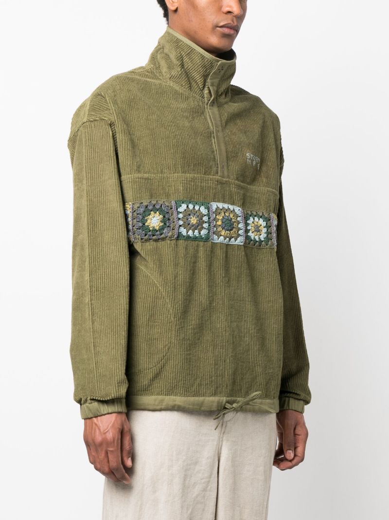 Green Polite Crochet-panel Corduroy Pullover