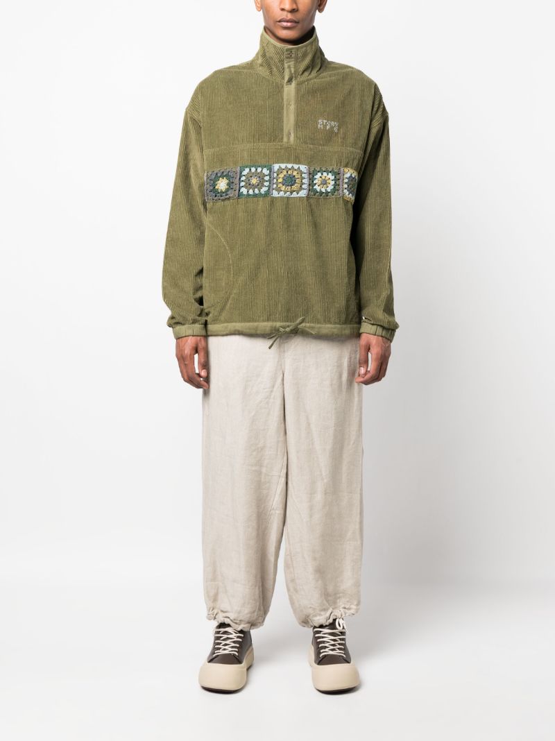 Green Polite Crochet-panel Corduroy Pullover
