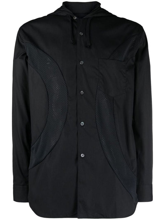 Black Mesh-panelled Hooded Shirt