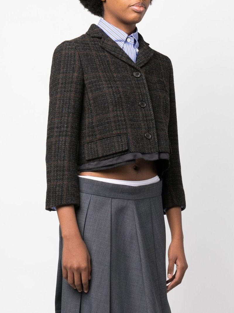 Brown Single-breasted Plaid Cropped Jacket