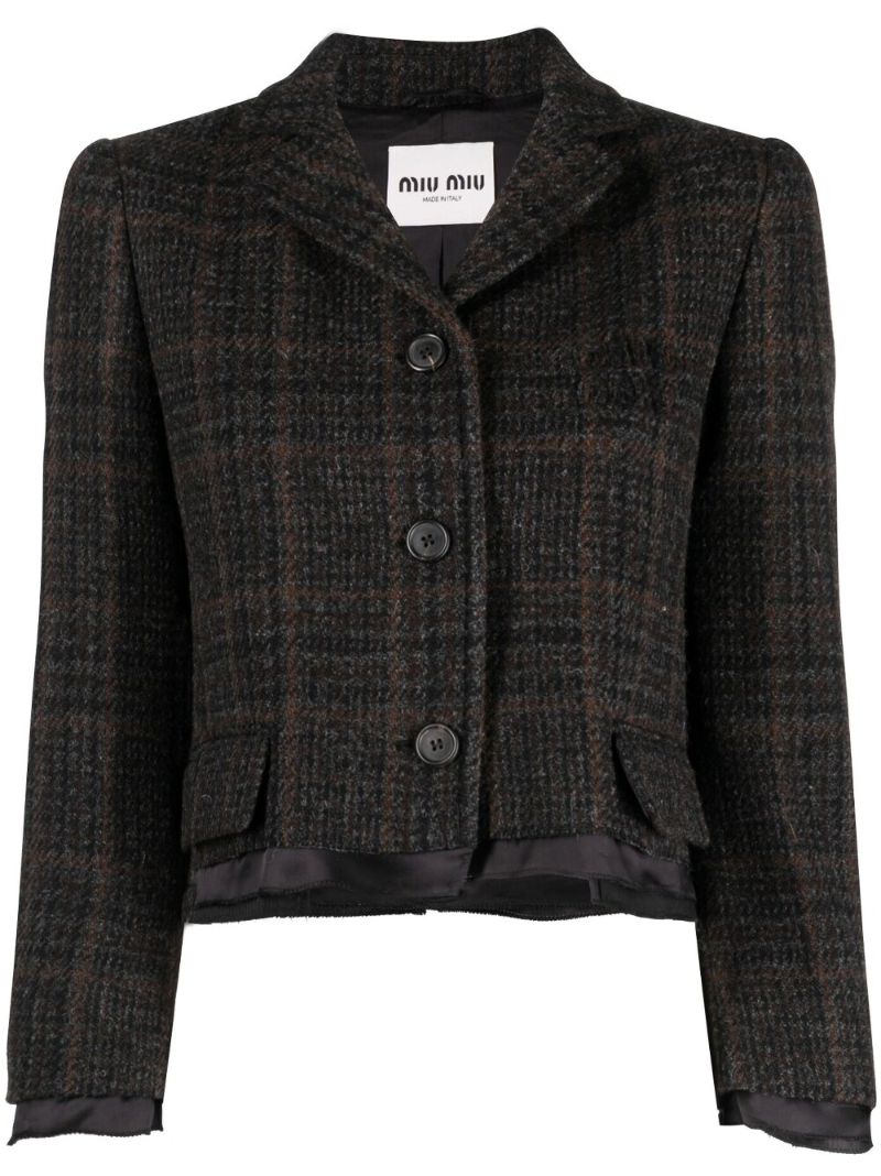 Brown Single-breasted Plaid Cropped Jacket