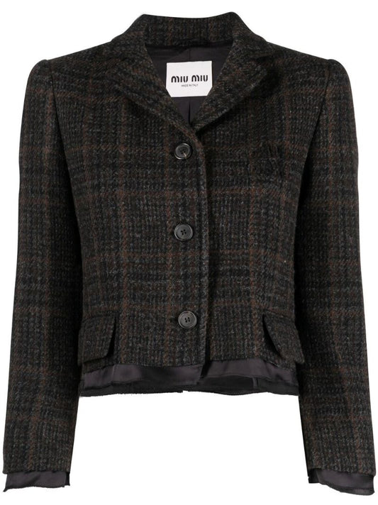 Brown Single-breasted Plaid Cropped Jacket