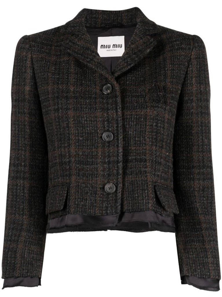 Brown Single-breasted Plaid Cropped Jacket