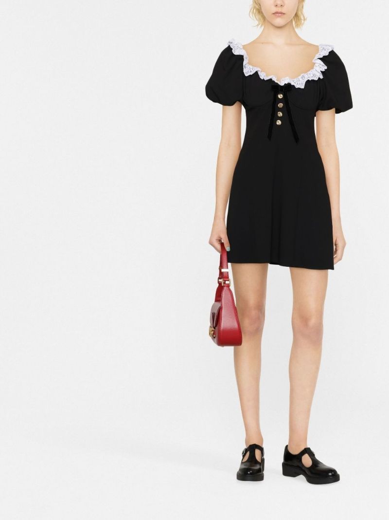 Black Lace Trim Wool Mini Dress