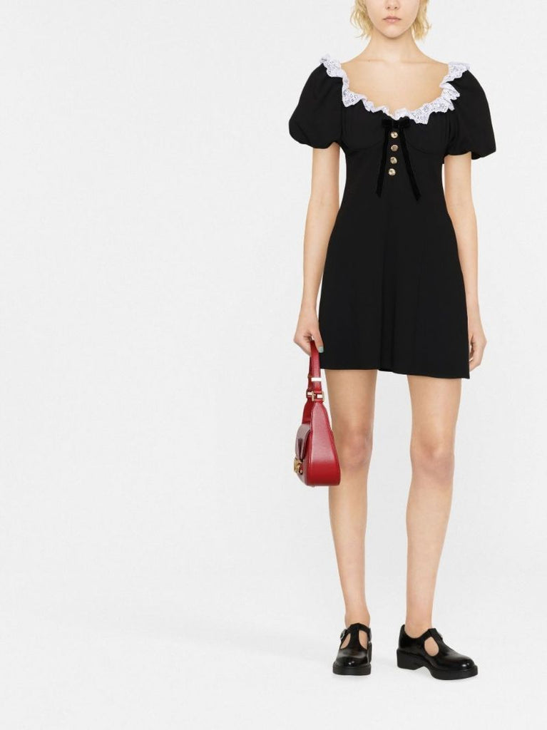 Black Lace Trim Wool Mini Dress