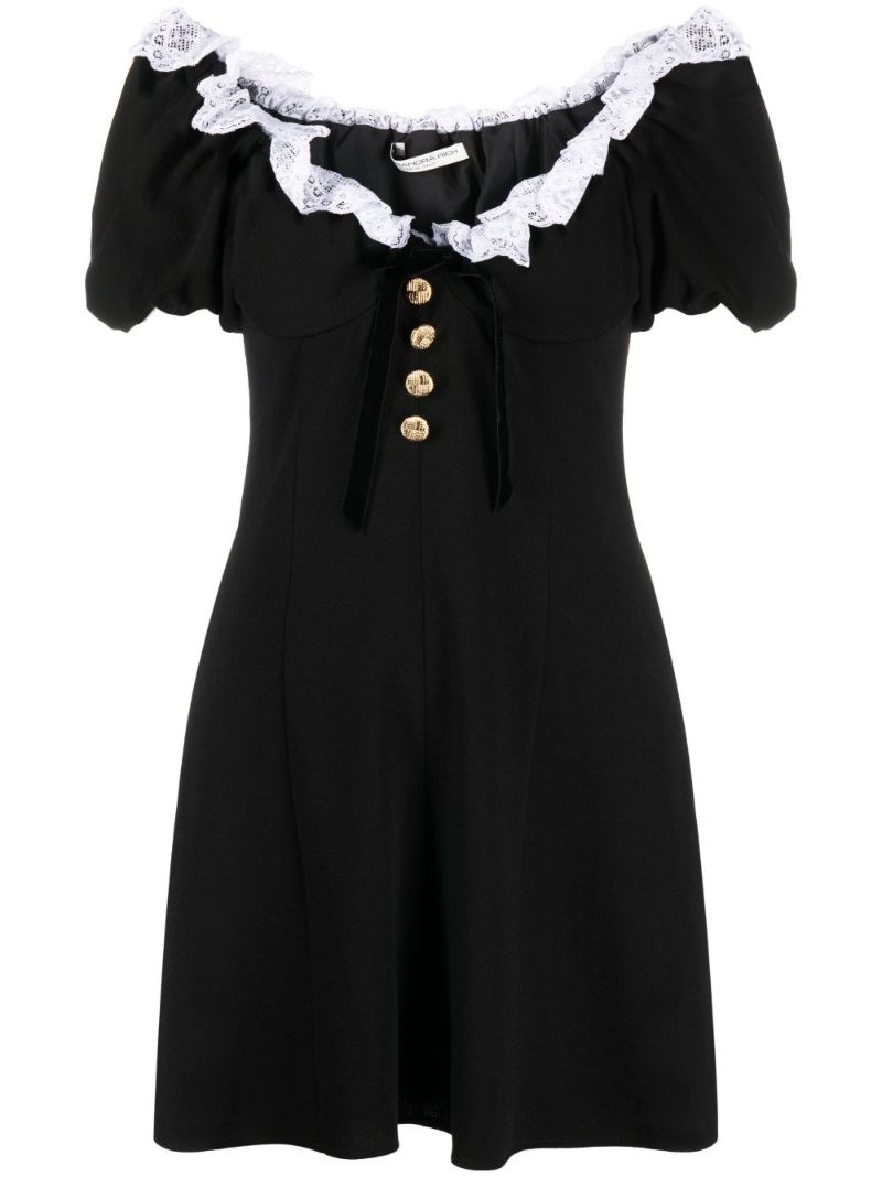 Black Lace Trim Wool Mini Dress