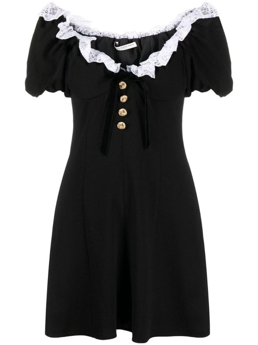 Black Lace Trim Wool Mini Dress
