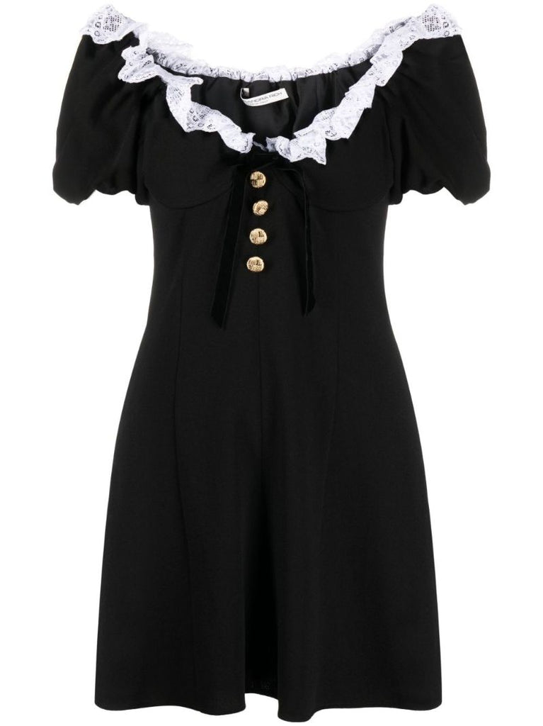Black Lace Trim Wool Mini Dress