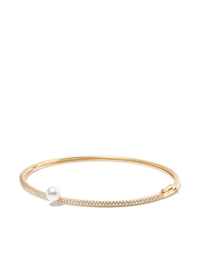14k Yellow Gold Sea of Beauty Diamond Pearl Bangle Bracelet