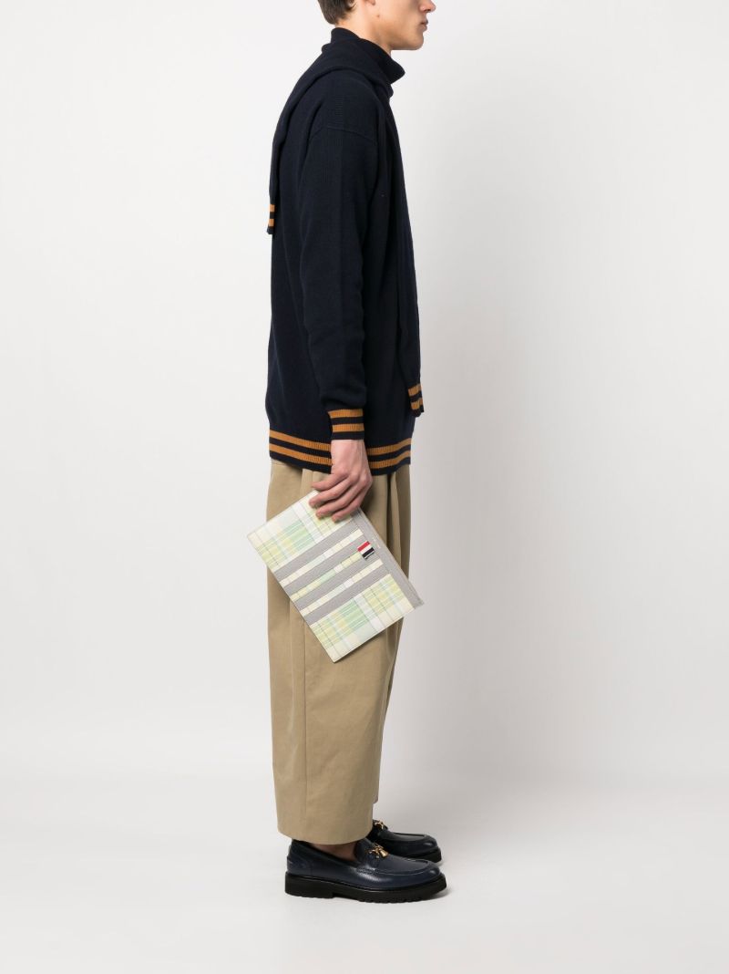 Green Madras Print 4-bar Stripe Clutch Bag