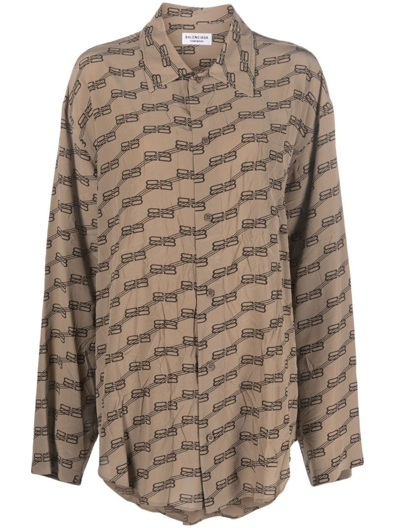 Brown Monogram Print Silk Shirt