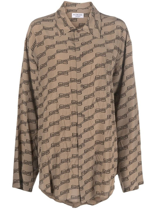 Brown Monogram Print Silk Shirt