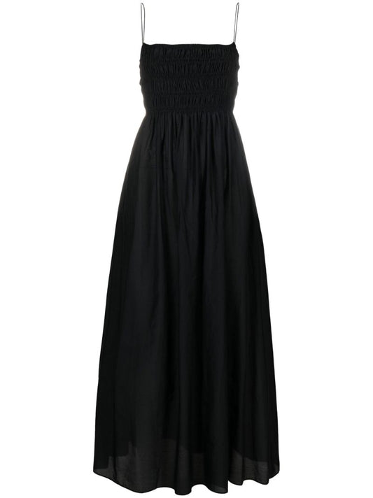 Black Shirred Sleeveless Midi Dress